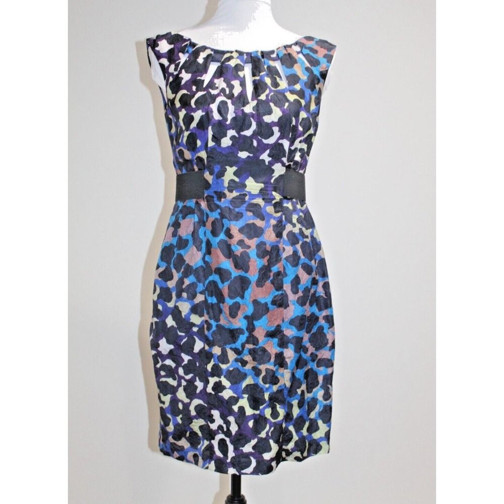 Nanette Lepore Women’s Leopard 100% Silk Sheath Dress Boat Neck Blue Purple 2/4